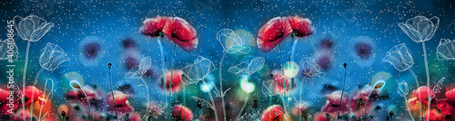 Red flowers and fireflies set