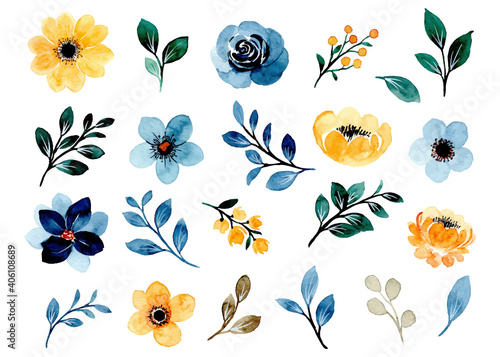 Watercolor yellow and blue floral elements collection