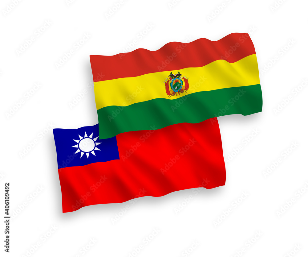 Fototapeta premium National vector fabric wave flags of Bolivia and Taiwan isolated on white background. 1 to 2 proportion.