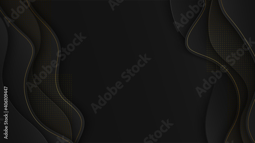 Black paper cut background. Abstract realistic papercut decoration textured with wavy layers and golden line. 3d topography relief. Vector illustration. Cover layout template.