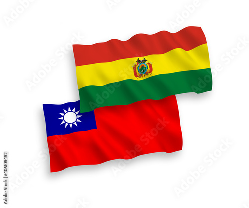 National vector fabric wave flags of Bolivia and Taiwan isolated on white background. 1 to 2 proportion.