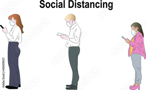 People in protective masks keep their distance. Social distancing concept to prevent the covid-19 coronavirus. Vector illustration.