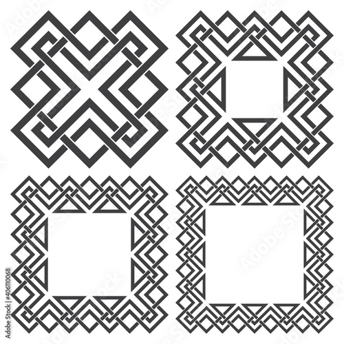 Set of square frames, rectangular patterns. 4 decorative elements for design with stripes braiding borders. Black lines on white background.