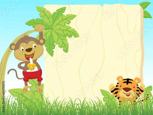 Vector cartoon of blank empty background frame with monkey hang on banana tree while holding banana, tiger hiding in bush