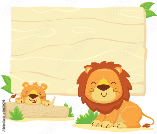 Vector cartoon of blank empty background frame with funny lion and its cub hiding in tree stump