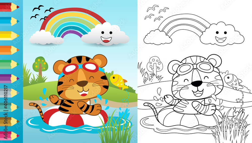 Naklejka premium Vector cartoon of funny tiger swimming using lifebuoy in river, coloring book or page