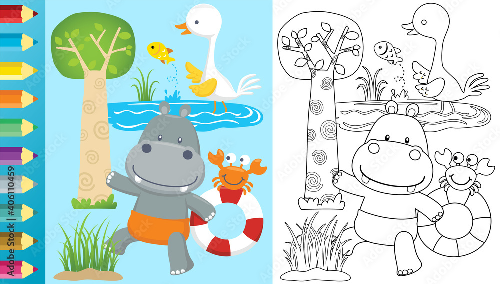 Vector cartoon of hippo carrying lifebuoy with its friends, bird crane hunt a fish, crab standing on lifebuoy Vector cartoon of hippo carrying lifebuoy with its friends, bird crane hunt a fish, crab standing on lifebuoy