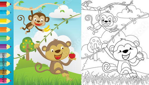 Vector cartoon of two monkey hang while holding fruit on nature background, coloring book or page