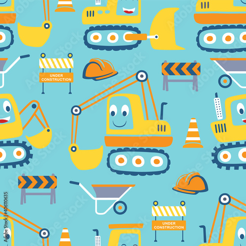 Vector seamless pattern of funny construction vehicles cartoon with construction signs