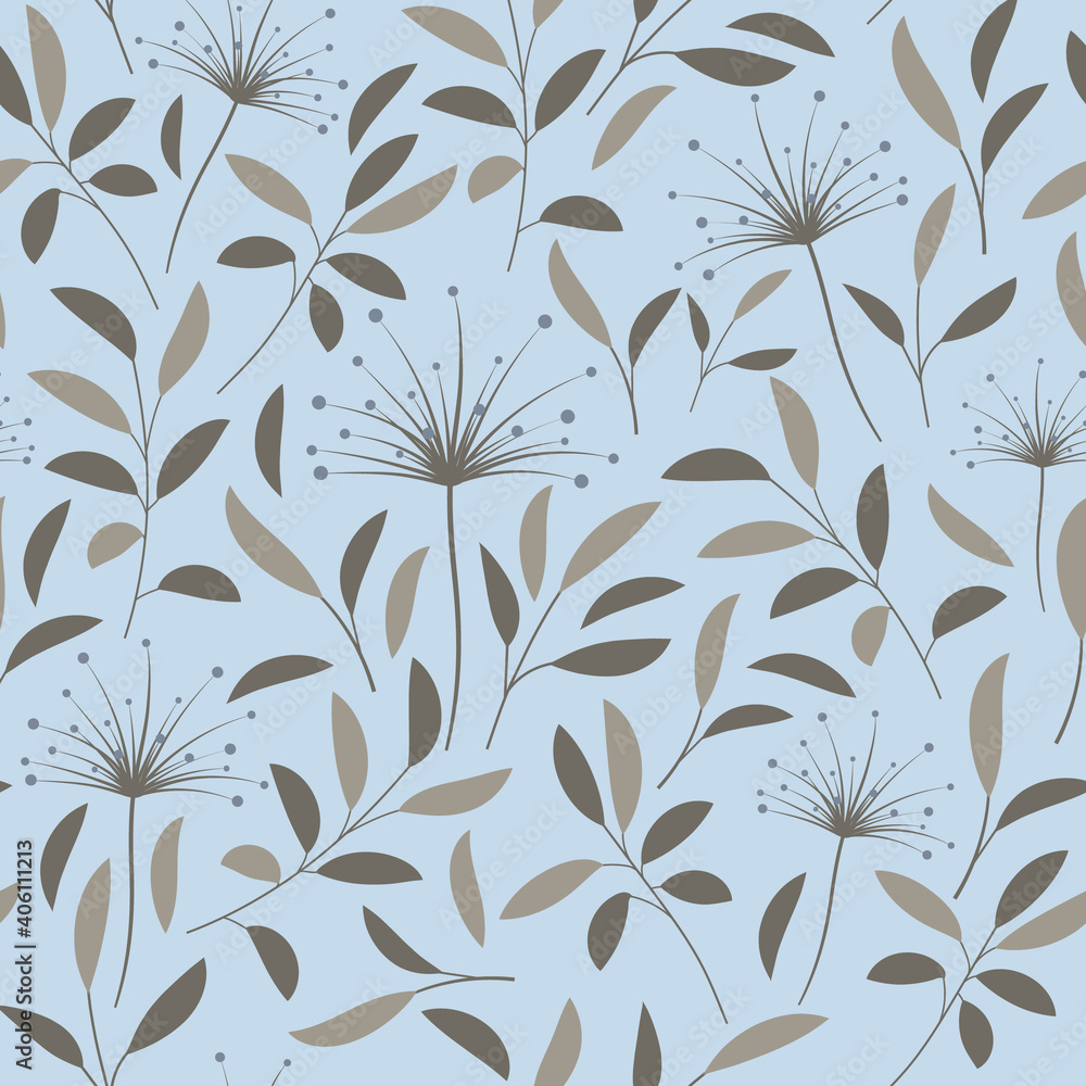 Vector seamless pattern with leaves on a blue background. The seamless pattern is suitable for fabrics, covers, wallpapers, books, decor, etc. Vector seamless pattern with leaves on a blue background. The seamless pattern is suitable for fabrics, covers, wallpapers, books, decor, etc.