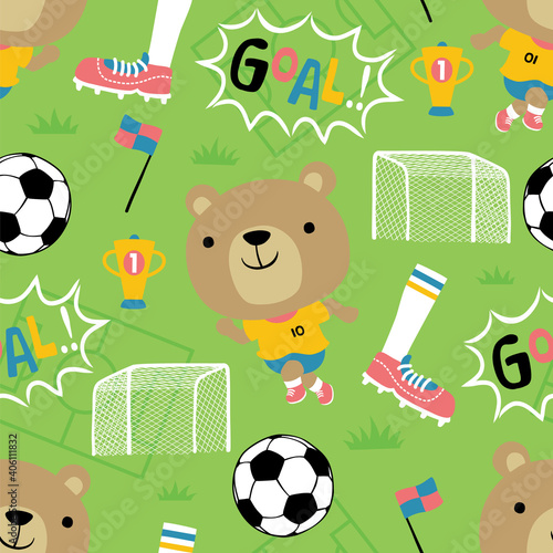 Seamless pattern vector of playing soccer with funny bear, soccer game elements