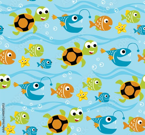 Seamless pattern vector of marine animals cartoon. Turtle and fishes swimming under blue sea