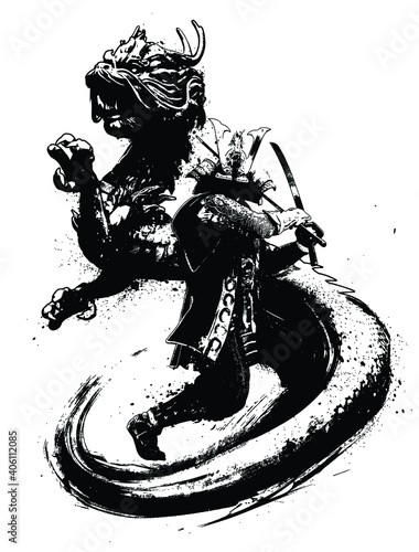 A sinister samurai in armor with a katana in his hand, stands in a fighting position, he is surrounded by a magnificent furious dragon with claws and mane. 2d illustration.