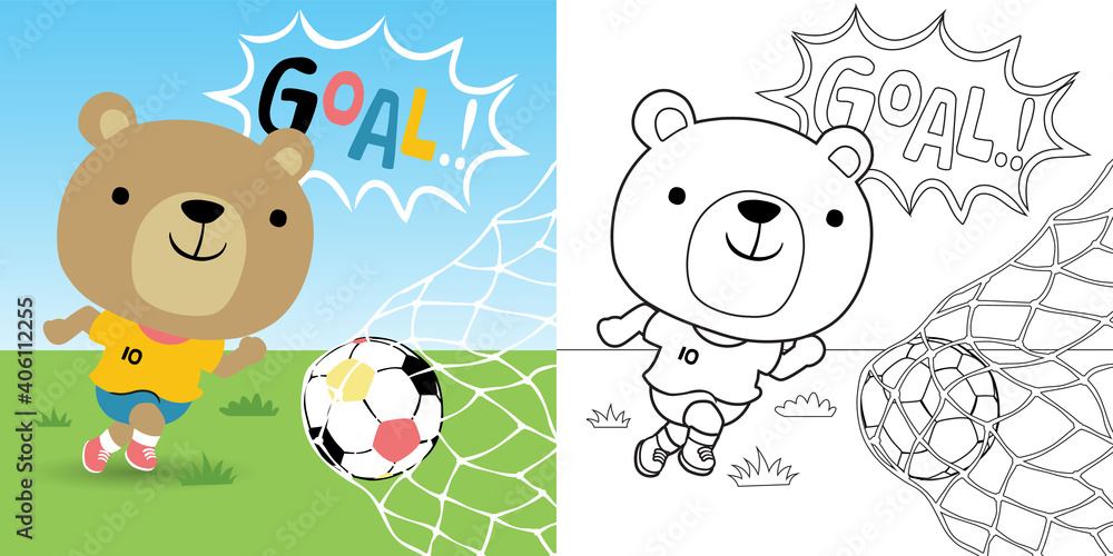 Vector cartoon of funny bear playing soccer, coloring book or page for kids