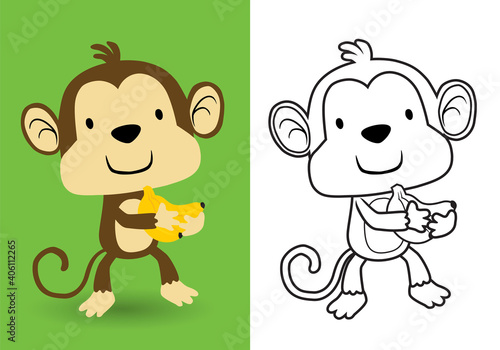 Vector cartoon of funny monkey carrying banana on its hand, coloring book or page for kids
