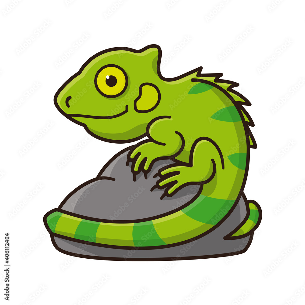 Fototapeta premium Young Iguana character sitting on rock cartoon isolated vector illustration for Iguana Awareness Day on September 8