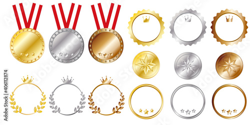  Set of emblem design elements. Gold, Silver, Bronze medal illustration for advertising, store promotion, banner and web design. Vector illustration. メダルイラスト、エンブレムアイコンセット、ベストセラー、プロモーション広告デザインイラスト
