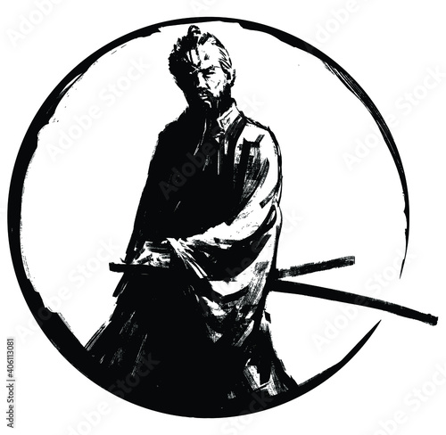 An experienced samurai in a kimono with two swords stands proudly , surrounded by a black circle. 2d illustration.
