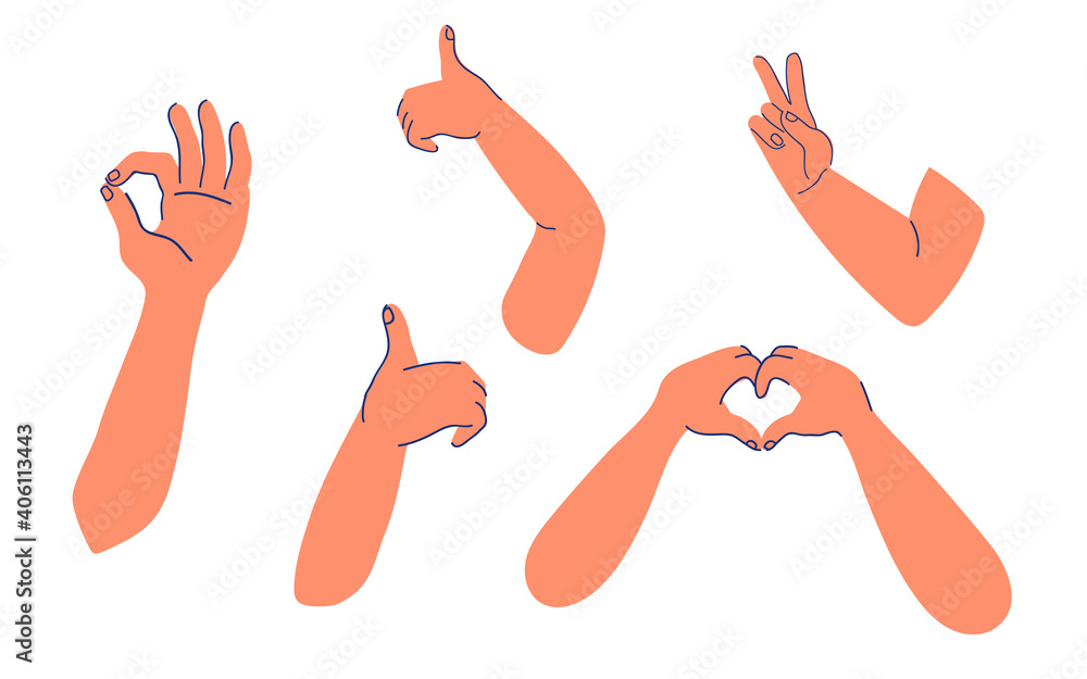 Fototapeta premium Icons set of hands showing different approving positive gestures - OK, thumb up, Victory and Love, cartoon vector illustration isolated on white background.