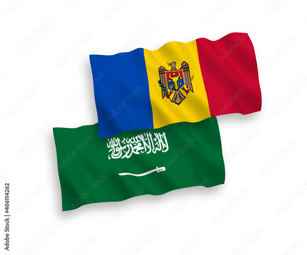 National vector fabric wave flags of Saudi Arabia and Moldova isolated on white background. 1 to 2 proportion. National vector fabric wave flags of Saudi Arabia and Moldova isolated on white background. 1 to 2 proportion.