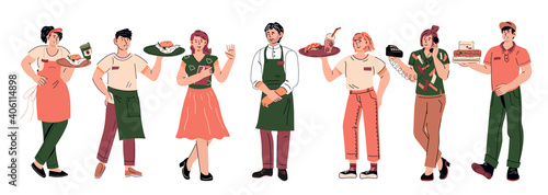 Restaurant or take away cafe staff - waitress, call operator, cook and delivery man in uniform standing together, cartoon vector illustration isolated. Restaurant kitchen workers and hosting staff.
