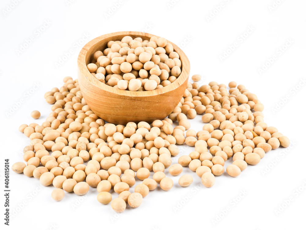Soybeans in a wooden bowl isolated on a white background, side view with copy space for text. element of food healthy nutrients and herb vegetable ingredient concept Soybeans in a wooden bowl isolated on a white background, side view with copy space for text. element of food healthy nutrients and herb vegetable ingredient concept