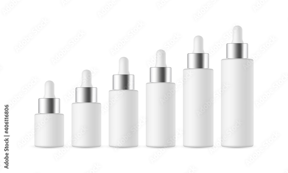 Set of Dropper Bottles with Metal Cap of Various Sizes, Isolated on White Background. Vector Illustration Set of Dropper Bottles with Metal Cap of Various Sizes, Isolated on White Background. Vector Illustration