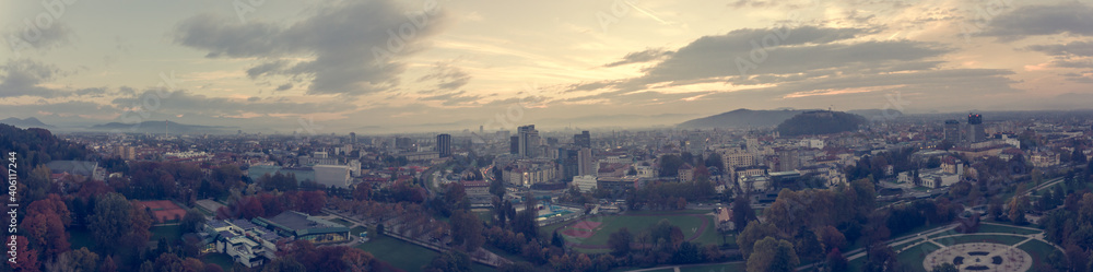 Fototapeta premium Spectacular morning panoramic city view of Ljubljana. C