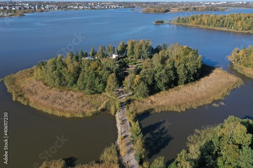 Beautiful drone shot from small island in Helsinki the capital city of Finland photo