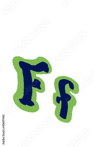 English alphabet letters painted with blue and green paint colours. Digital illustration