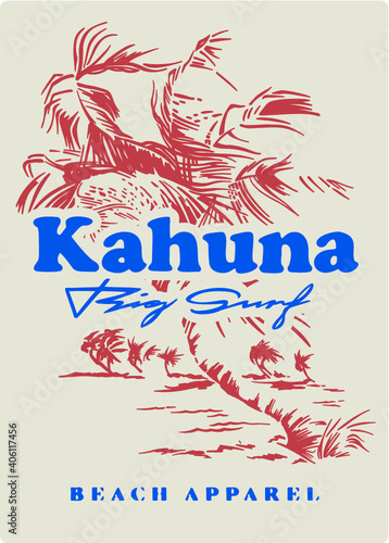 Vector print designs with Hawaii, tropical, surf, tiki mask themed.