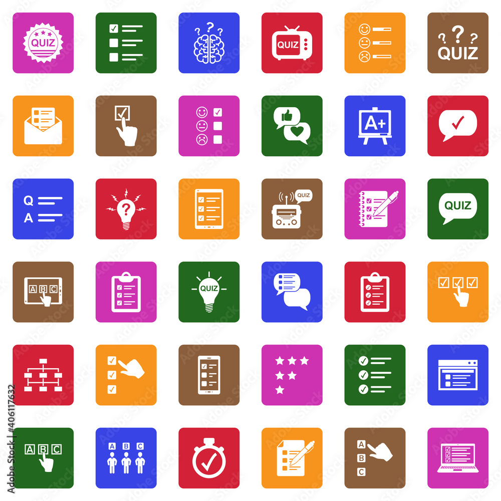 Quiz Icons. White Flat Design In Square. Vector Illustration. Quiz Icons. White Flat Design In Square. Vector Illustration.