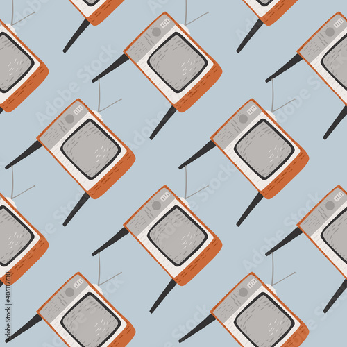 Cartoon technic seamless pattern with grey tv ornament. Light blue background.