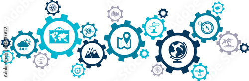 Geography vector illustration. Concept with icons related to science class, school, travel, navigation, geographic location or knowledge, or cartography.