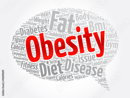 Obesity message bubble word cloud collage, health concept background