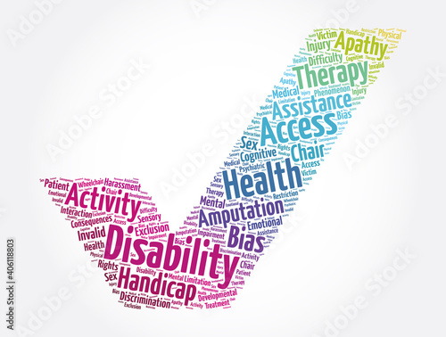 Disability check mark word cloud collage, concept background