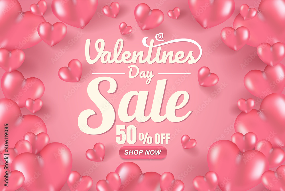 Valentine's day concept background.Vector illustration. Pink 3D transparent ball heart with text Valentine's day white. banner sale cute love or greeting card.Pink balloons love.