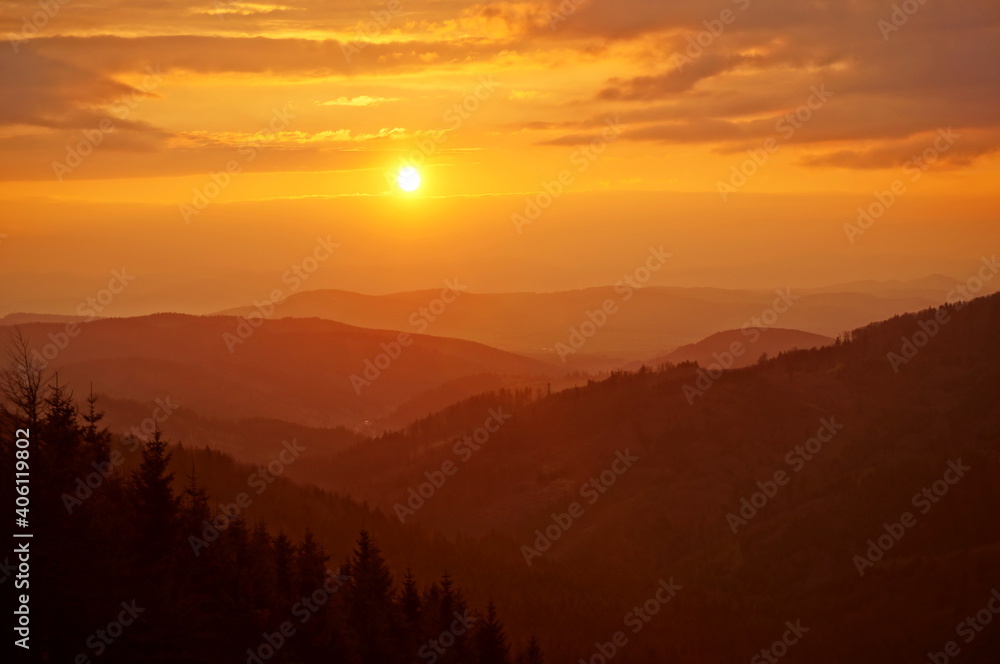 Scenic view of a sunset in the mountains, Kremnica, Slovakia