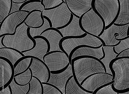 Abstract vector seamless pattern with curling interlaced lines and grid. Decorative endless texture