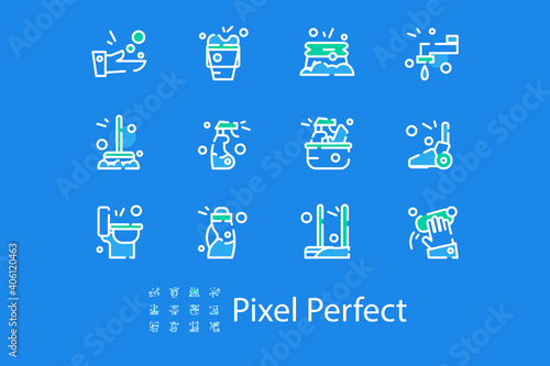 Linear icons on pixel pefrect 48x cleaning, isolated on blue background, flat vector icons photo