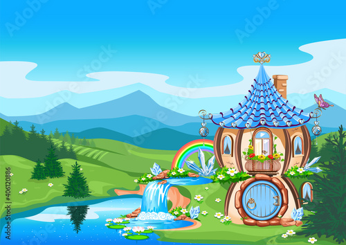 Magic little house decorated with blue crystals on the background of a fairy tale landscape. Fairy house near the waterfall. Vector illustration.