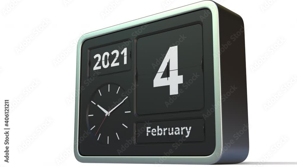 February 4 date on the flip clock calendar, 3d animation February 4 date on the flip clock calendar, 3d animation
