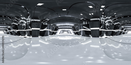 Fototapeta Naklejka Na Ścianę i Meble -  360 degree panorama of abstract technology futuristic building interior hallway 3d render illustration hdr vr style