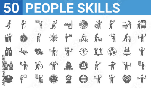 set of 50 people skills web icons. filled glyph icons such as sommelier,runner,navy hat,big binoculars,safety vesty,leadership,journalist,sensitivity. vector illustration