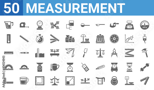 set of 50 measurement web icons. filled glyph icons such as carpenter ruler,cup scale,null,protactor,scale measurement,thermometer fahrenheit and celsius,measureming tape,cuttin wrench. vector