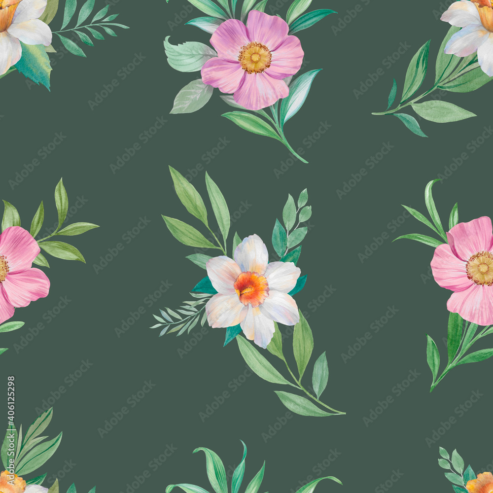 Seamless botanical bouquet of flowers. Colorful hand draw flowers seamless pattern for fabric textile wallpaper, wrapping paper, print, packaging. Seamless botanical bouquet of flowers. Colorful hand draw flowers seamless pattern for fabric textile wallpaper, wrapping paper, print, packaging.