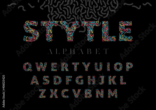 Decorative joy alphabet, memphis style letters set. Vector illustration.