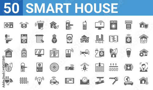 set of 50 smart house web icons. filled glyph icons such as freeze,doorbell,zero emission,environmental,chart,smart toilet,robot vacuum cleaner,leak. vector illustration