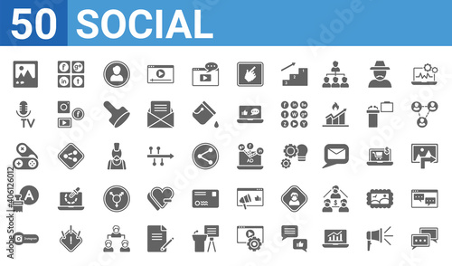 set of 50 social web icons. filled glyph icons such as square bubble photos buttons letter color recreational mass media net ad. vector illustration