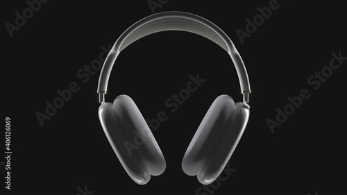 Apple AirPods MAX silver headphones. Realisitc 3d Rendering. Front view. Black background. photo